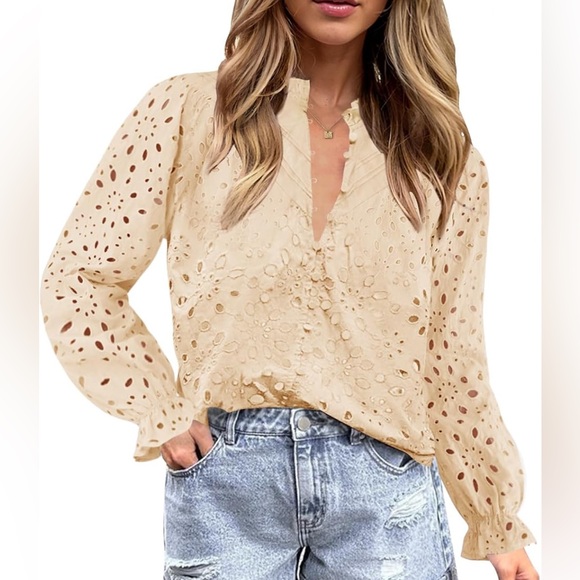 Zesica lined eyelet apricot highneck‎ button down shirt sz L. NWT - Picture 5 of 7